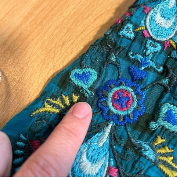 Johnny Was 3J Workshop Small Teal Plaid Embroidered Tunic Top Boho Hippie - Picture 11 of 11